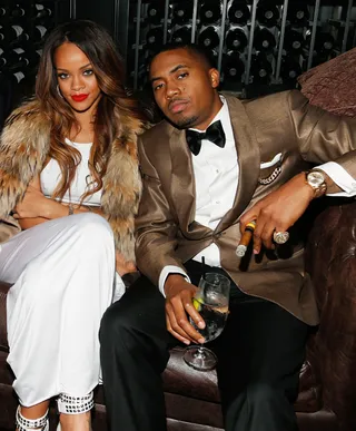 Old Hollywood Glamour - Rihanna and Nas look like hip hop royalty at the Island Def Jam Grammy Party sponsored by Samsung and Pepsi at Osteria Mozza in Los Angeles. (Photo: Imeh Akpanudosen/WireImage)