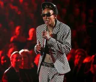 Wiz Khalifa - Papa-to-be Wiz Khalifa was on his Zebra stripe swag when hit hit the stage to perform the remix version of &quot;Adorn&quot; with Miguel.&nbsp;(Photo: Christopher Polk/Getty Images for NARAS)
