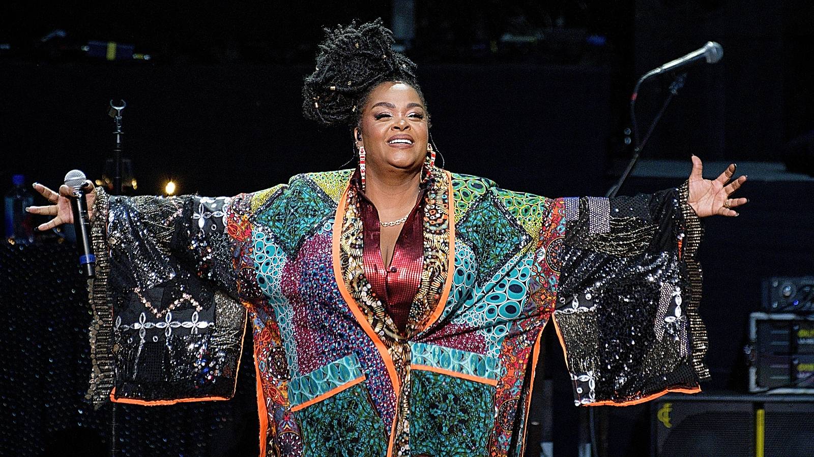   Singer Jill Scott performs on stage during the "Who is Jill Scott?" tour at Smart Financial Centre on June 16, 2023 in Sugar Land, Texas.  