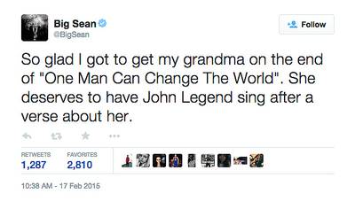 Big Sean, @BigSean - Big Sean got a chance to honor his Nana before she passed on his upcoming album and John Legend came through with the assist.&nbsp;#DarkSkyParadise(Photo: Big Sean via Twitter)