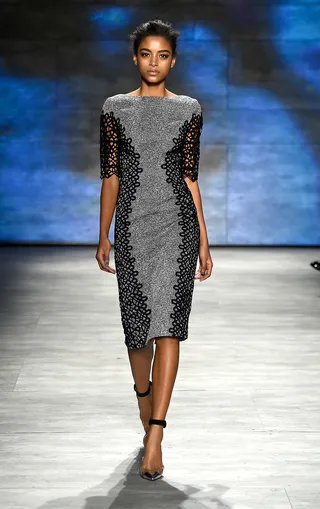 Lela Rose - The intricate lace side panels and sleeves are what make this little grey dress pop. It’s the perfect way to spice up your workday wardrobe. (Photo: Frazer Harrison/Getty Images for Mercedes-Benz Fashion Week)