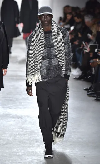 Public School - Don’t forget about bae when doing your fall shopping. The complimenting patterns of this knit sweater and scarf combo create dimension that demands to be noticed.&nbsp;  (Photo: Albert Urso/Getty Images)