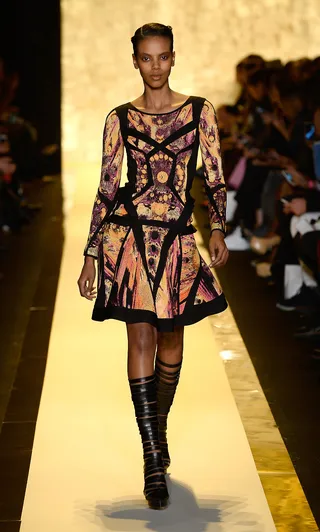 Herve Leger by Max Azria - A striking print and bold paneling along the bodice will make this long sleeved frock your go-to all season long.  (Photo: Fernanda Calfat/Getty Images for Mercedes-Benz Fashion Week)