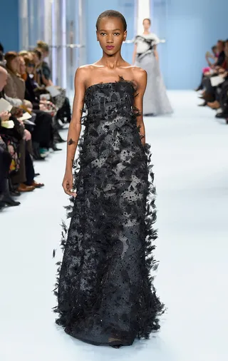 Carolina Herrera - The evening gown gets a fanciful update here. The feathered texture is so dreamy and so genius.&nbsp; (Photo: Frazer Harrison/Getty Images for Mercedes-Benz Fashion Week)