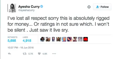 Ayesha Curry - Ayesha Curry really — REALLY — wants her man to win, so when he doesn't, she gets angry. The real-life basketball wife claimed that Game 6 of the 2016 NBA Finals was rigged after he hubby lost. After her tweet went viral, folks were calling her a sore loser and a hater who only had a problem because her man wasn't in the spotlight.(Photo: Ayesha Curry via Twitter)&nbsp;