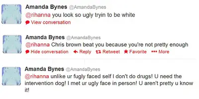 Amanda Bynes - Remember in 2013 when Amanda Bynes went crazy? Well, she took the time to drag Chris Brown and Rihanna into her mess, telling the &quot;Umbrella&quot; singer on Twitter that she's ugly and going a step further, saying Breezy's notorious attack on her was because she wasn't attractive enough. Of course, RiRi let her know she needed help — an intervention, to be exact.(Photo: Amanda Bynes via Twitter)&nbsp;