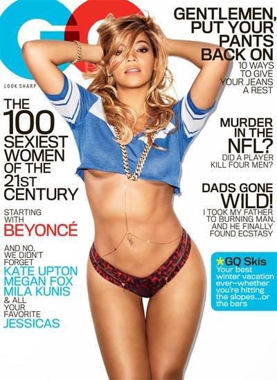 Beyoncé on GQ  - GQ released its spicy Beyoncé cover of its February &quot;The 100 Sexiest Women of the 21st Century&quot; issue and all we can say is, &quot;Wow!&quot; On the cover, Bey is wearing nothing but her Madalyn animal-print briefs and a cropped football jersey, which is fitting since she's set to headline the Super Bowl halftime show on Feb. 3.   (Photo: GQ Magazine)