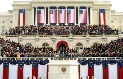 Jan. 20, 2005 - President George W. Bush was sworn in for the second time on the largest inaugural platform to date. (Photo:&nbsp; Scott Andrews-Pool/Getty Images)
