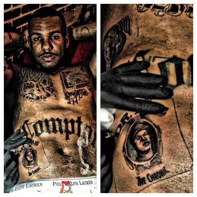 Compton - Hailing from Compton, California, Game paid tribute to his city by stamping its name across his abdomen. Just below it, the rapper has the album cover of Dr. Dre's The Chronic, perhaps a nod to when Dre served as his mentor early on in his career.  (Photo: The Game via Instagram)