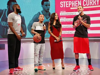 Home Court - Professional basketball players James Harden (L) and Stephen Curry (R) speak with hosts Bow Wow and Angela Simmons. (Photo by Cindy Ord/BET/Getty Images for BET)