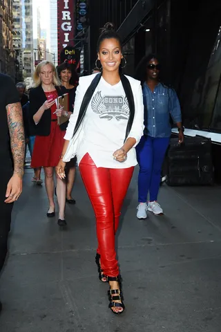 Red Hot - La La Anthony heads to the Good Morning America in NYC wearing bright red leather pants and black and white tuxedo blazer.&nbsp;(Photo: JDH Images/Splash News)