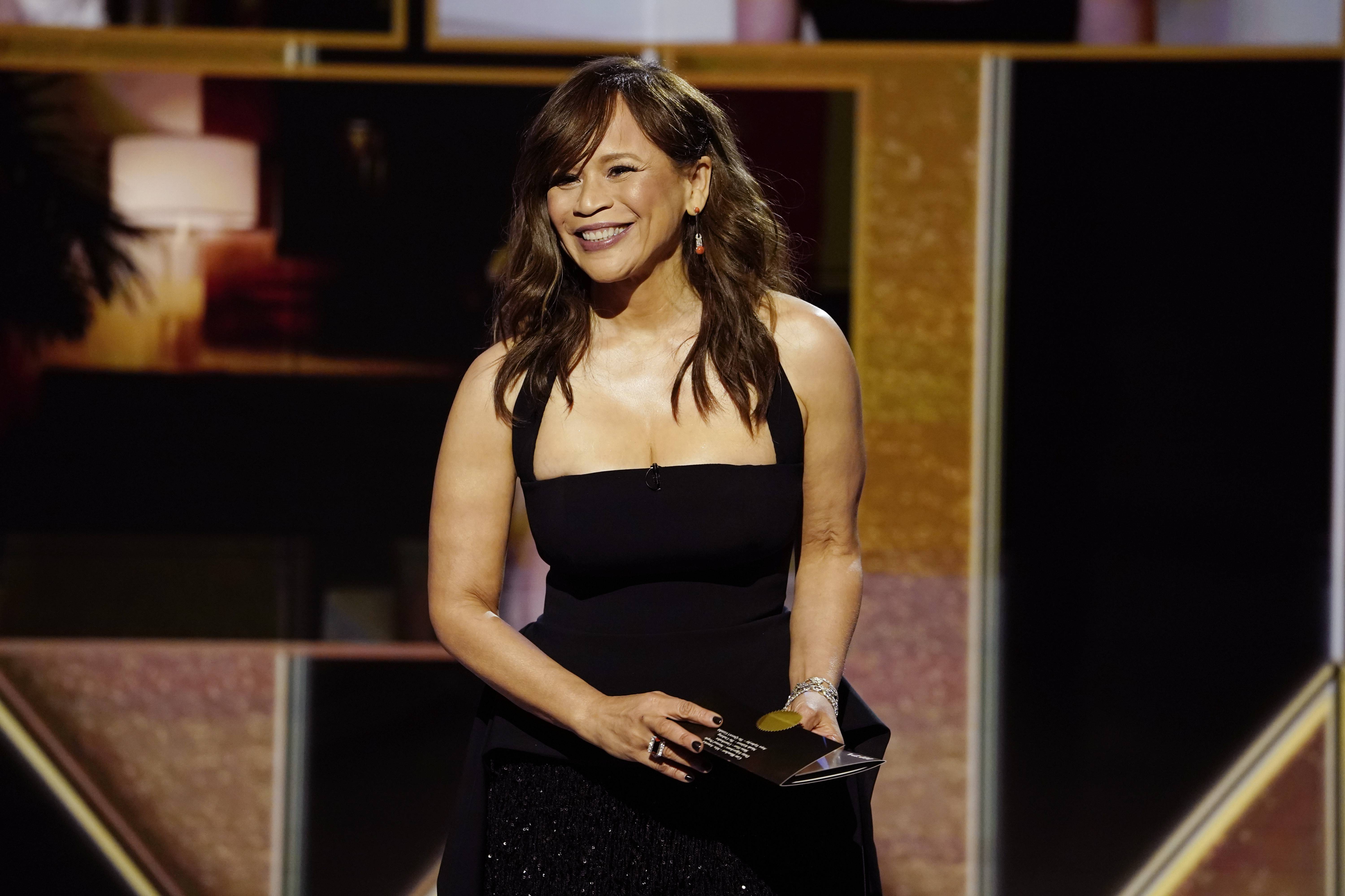 NEW YORK, NEW YORK: 78th Annual GOLDEN GLOBE AWARDS -- Pictured: Rosie Perez speaks onstage at the 78th Annual Golden Globe Awards held at The Rainbow Room and broadcast on February 28, 2021 in New York, New York. -- (Photo by Peter Kramer/NBC/NBCU Photo Bank via Getty Images)