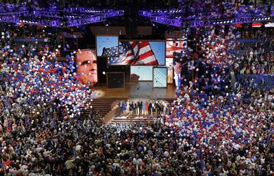 We Accept - Romney, vice presidential nominee Representative Paul Ryan and their families during the balloon drop at the end of the Republican National Convention in Tampa, Florida.  (Photo: AP Photo/Patrick Semansky)