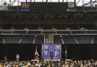 High Hopes - Romney expected a large turnout for a Feb. 24 speech delivered to the Detroit Economic Club but couldn't deliver. He rented Ford Field for the event, making the small audience look even smaller.  (Photo: AP)