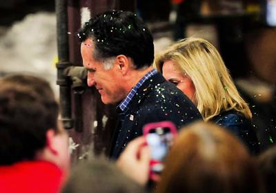 Glitter Bombed - Romney and wife Ann were glitter bombed at a February campaign event in Eagan, Michigan. Romney was hit a second time after his speech.  (Photo: Ben Garvin, AP Photo/The St. Paul Pioneer Press)