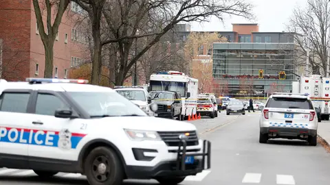 COLUMBUS, OH - NOVEMBER 28: Police keep the roads closed around Watts Hall following an attack on the campus of the Ohio State University on November 28, 2016 in Columbus, Ohio. At least nine people were injured when a suspect reportedly drove into a crowd of pedestrians and slashed several people with a knife before being fatally shot by university police. (Photo by Kirk Irwin/Getty Images)