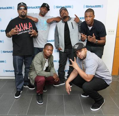 Compton Crew - Just ahead of the film's release, Ice Cube and his Straight Outta Compton crew — DJ Whoo Kid, director F. Gary Gary and actors Corey Hawkins, Jason Mitchell and O’Shea Jackson Jr. — pause for a photo during a promotional stop at SiriusXM Studios in New York City.  (Photo: Rob Kim/Getty Images)
