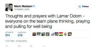Mark Madsen @madsen_mark - Former NBA player and current Los Angeles Lakers assistant coach has Lamar Odom on his mind during this trying time.(Photo: Mark Madsen via Twitter)