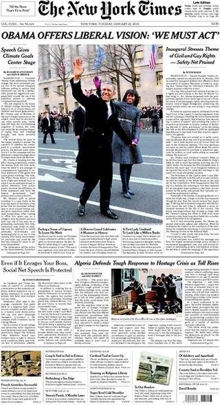 The New York Times - Newspapers across the country are still abuzz over President Obama's historic second inauguration celebration.(Photo: The New York Times)