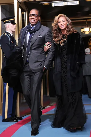 Jay-Z and Queen Bey - Husband and wife superstars Jay-Z and Beyoncé attended the inauguration ceremonies. Beyoncé performed the National Anthem during the event. (Photo: Win McNamee/Getty Images)