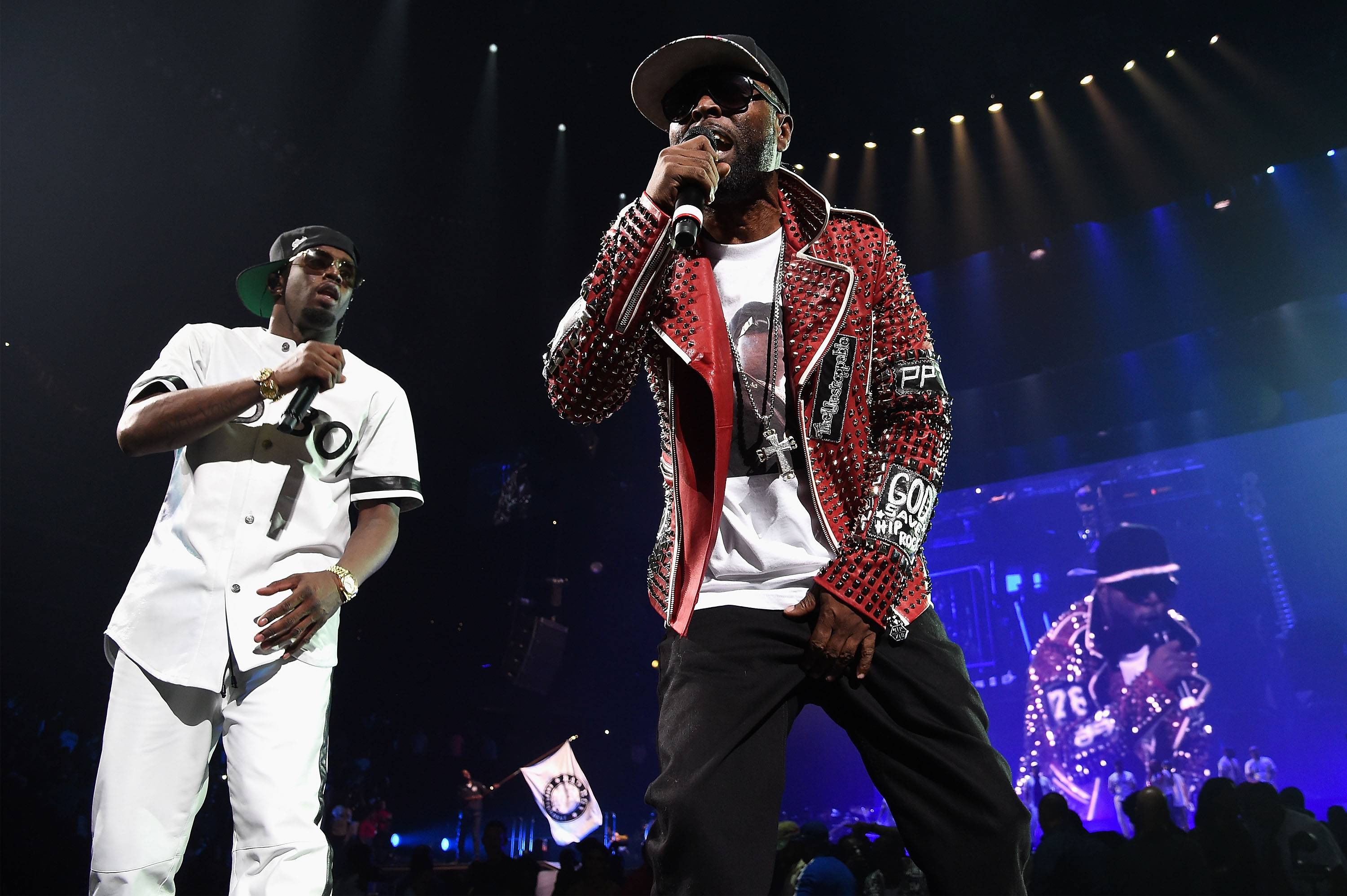 "NEW YORK, NY - MAY 20:  Sean "Diddy" Combs aka Puff Daddy (L) and Black Rob perform onstage during the Puff Daddy and The Family Bad Boy Reunion Tour presented by Ciroc Vodka And Live Nation at Barclays Center on May 20, 2016 in New York City.  (Photo by Jamie McCarthy/Getty Images for Live Nation)"