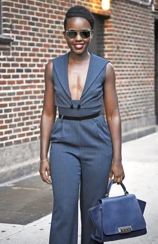 Late Night With Lupita - Lupita Nyong'o exits the Late Show With Stephen Colbert&nbsp;wearing pinstriped jumpsuit with a plunging neckline in New York City.(Photo: PacificCoastNews)