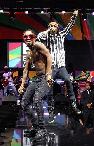 They Are Way Up! - Slim Jimmy and Swae Lee of Rae Sremmurd go hard in the paint. (Photo: Bennett Raglin/BET/Getty Images for BET)