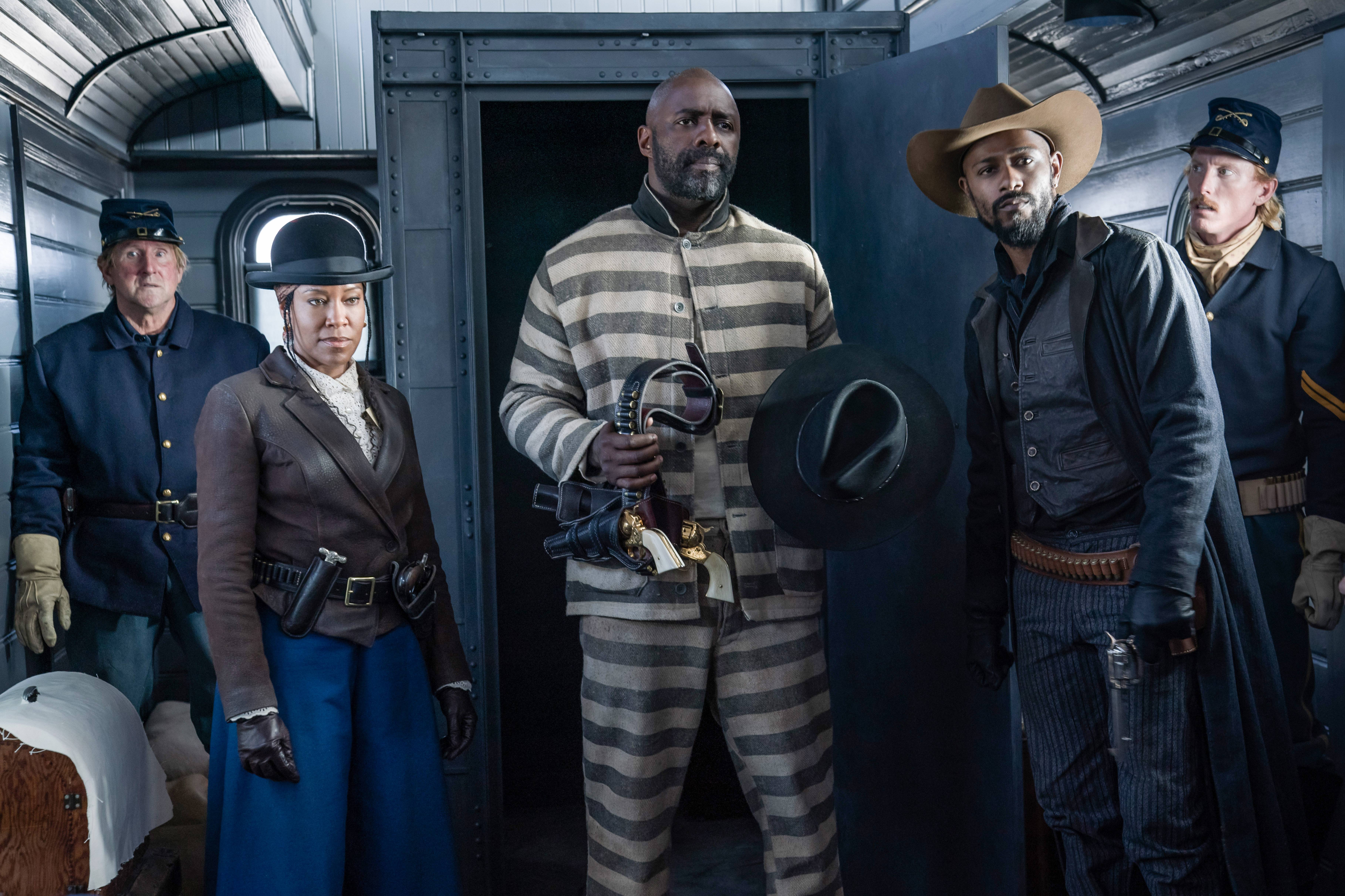 THE HARDER THEY FALL (L-R): REGINA KING as TRUDY SMITH, IDRIS ELBA as RUFUS BUCK, LAKEITH STANFIELD as CHEROKEE BILL. CR: DAVID LEE/NETFLIXÂ Â© 2021