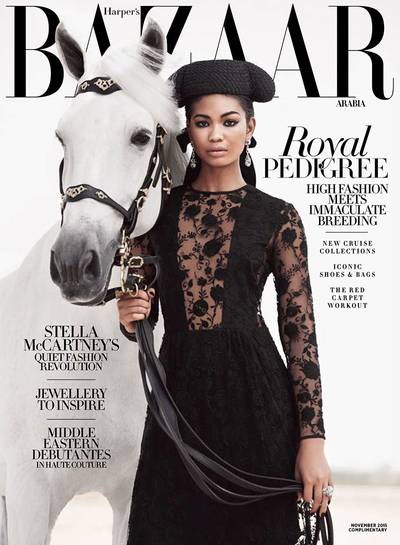 Chanel Iman on Harper’s Bazaar Arabia - The top model’s equestrian-themed shoot features her posing in seriously gorgeous couture. For the cover, she’s working a black lace overlay gown and a smart knit hat, both of which are fab options for holiday dressing.  (Photo: Harper's Bazaar Arabia, November 2015)