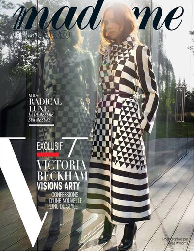 Victoria Beckham on Madame - We can only imagine the goodies this fashion icon keeps in her closet. We sure hope she snagged this geometric black-and-white print trench from her shoot. Want.  (Photo: Madame Magazine; November 13, 2015)