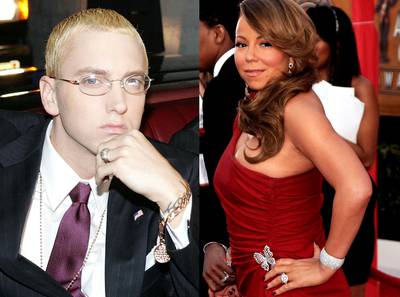 Eminem vs. Mariah Carey - Beginning in 2002 and ending with her then-hubby,&nbsp;Nick Cannon, coming to her defense, R&amp;B singer Mariah Carey and rapper Eminem exchanged musical jabs at one another including &quot;The Warning,&quot; a track which features samples of alleged voicemails to Em left by Carey.(Mariah Photo: Gregg DeGuire/PictureGroup, Eminem Photo: Frank Micelotta/Getty Images)