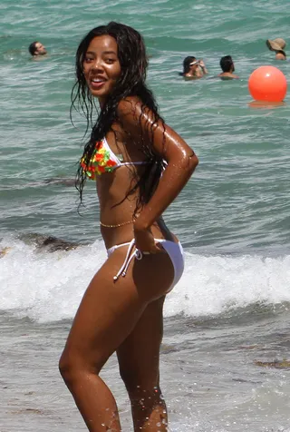 Summer Solstice\r - Angela Simmons shows off her beach bod and enjoys the last bits of summer while playing in the ocean in Miami with a few of her gal pals. (Photo: BRJ/Fame Pictures)