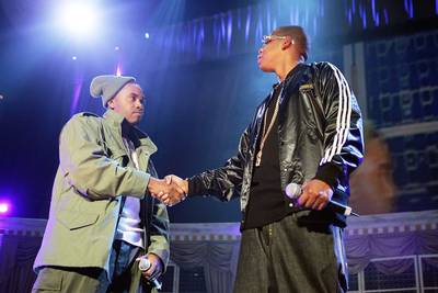 Nas vs. Jay Z - These two legendary New York MCs symbolically ended their longtime battle in 2005 when Jay invited surprise guest Nas on stage during his &quot;I Declare War&quot; concert. The truce became official months later when Nas signed to Def Jam in 2006, during Jay?s presidency.(Photo: Scott Gries/Getty Images for Universal Music)