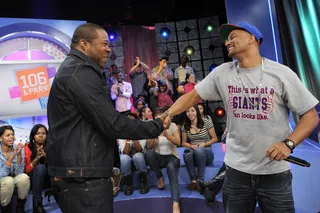 DJ/MC Connection - Busta Rhymes greets DJ Lyve at 106 &amp; Park, February 2, 2012. (Photo: John Ricard / BET)