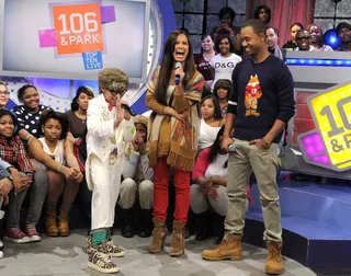 Hey There - Key Swag 3000 with Terrence J and Rocsi Diaz at 106 &amp; Park, February 1, 2012. (Photo: John Ricard / BET)