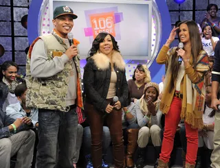 Bring Em On - T.I. and Tiny tell Rocsi Diaz how proud they are of the OMG Girlz at 106 &amp; Park, February 1, 2012. (Photo: John Ricard / BET)