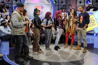 What a Night - T.I, Tiny, the OMG Girlz (Star, Baby Doll and Beauty) with Terrence J and Rocsi Diaz at 106 &amp; Park, February 1, 2012. (Photo: John Ricard / BET)