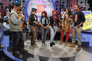 All Grown Up - T.I and Tiny talk with Terrence J and Rocsi Diaz about how close the OMG Girlz — Star, Baby Doll and Beauty — are as a group at 106 &amp; Park, February 1, 2012. (Photo: John Ricard / BET)