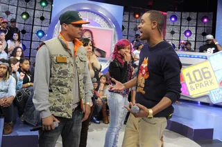 Good Seeing Ya, Bro - T.I and Terrence J during a commercial break at 106 &amp; Park, February 1, 2012. (Photo: John Ricard / BET)