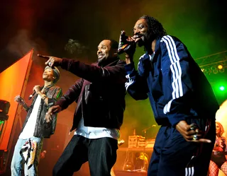 Clownin' Around - Mike Epss joins Wiz Khalifa and Snoop Dogg onstage during their performance at Bankers Life Fieldhouse in Indianapolis, IN. This is just one of the many festivities leading up to this weekend's Super Bowl, which is being hosted in Indy city. (Photo: Michael Buckner/Getty Images)