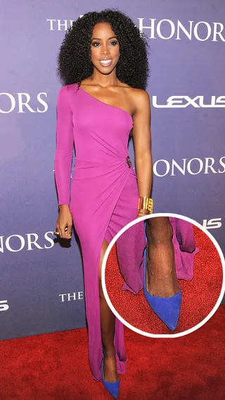 Kelly Rowland - Not sure if bright blue is for you? Kelly gives Motivation to try cobalt in a small dose. Her suede cobalt Christian Louboutin pumps were a perfect addition to set off a sexy Roberto Cavalli wrap dress.(Photo: Frank Micelotta/PictureGroup)