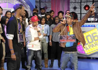 Hands Up - Freestyle Friday challenger J Dose battles at 106 &amp; Park, January 27, 2012. (Photo: John Ricard / BET)