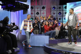 Come on Down - NY Giants wide receiver Victor Cruz takes the stage at 106 &amp; Park, January 26, 2012. (Photo: John Ricard / BET)