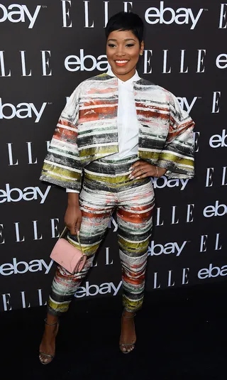 Spring Fling - Keke Palmer&nbsp;rocks a colorful striped pant suit by Rubin Singer to the 6th Annual ELLE Women In Music Celebration presented By eBay at Boulevard3 in Hollywood.(Photo: Frazer Harrison/Getty Images)