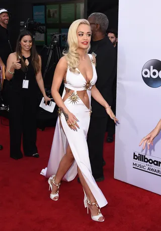Peek-A-Boo - Rita Ora arrives on the red carpet of the 2015 Billboard Music Awards at MGM Garden Arena in Las Vegas wearing a super sexy cut-out dress that almost caused a wardrobe malfunction when a strong wind blew past her skirt.(Photo: Jason Merritt/Getty Images)