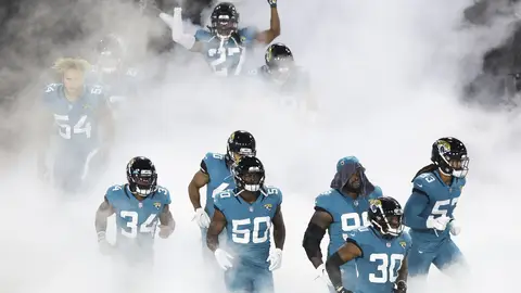 JACKSONVILLE, FLORIDA - SEPTEMBER 24: The Jacksonville Jaguars enter the field before the start of a game against the Miami Dolphins at TIAA Bank Field on September 24, 2020 in Jacksonville, Florida. (Photo by James Gilbert/Getty Images)