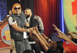 Aye! - French Montana performs with DJ Khaled onstage at 106 &amp; Park, August 20, 2012. (Photo: John Ricard / BET)