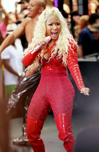 Nicki Minaj&nbsp; - The neon color-clothed hip hop princess wiggled and jiggled her way through the clip for "Starships," earning herself a nomination for Best Dance Performance. &nbsp; (Photo: Michael Loccisano/Getty Images)