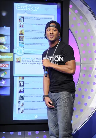 Rome Tweeting  - Romeo checks audience response to the Twitter topic #ItCanWait at 106 &amp; Park, August 15, 2012. (Photo: John Ricard / BET)
