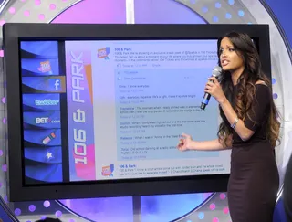 Read 'Em &amp;Tweet - Rocsi Diaz checks the Facebook feed to see audience "sparkle" moments at 106 &amp; Park, August 16, 2012. (Photo: John Ricard / BET)